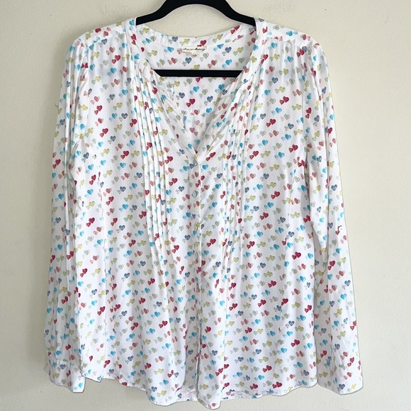 Jane Delancy Shirt Top Size L Hearts Print Long Sleeves Buttoned Comfy Colorful - Picture 2 of 7